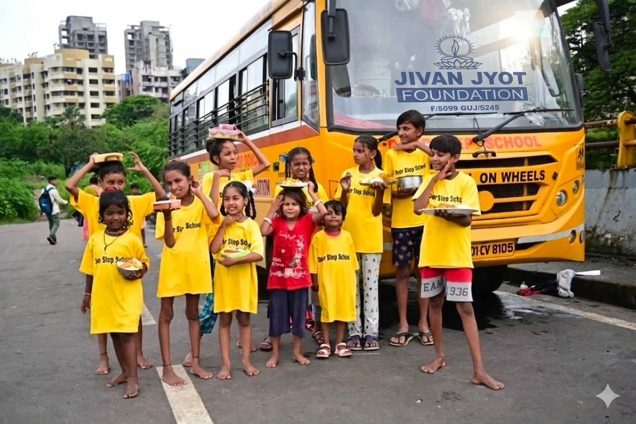 Children supported by Jivan Jyot Foundation beside a school bus